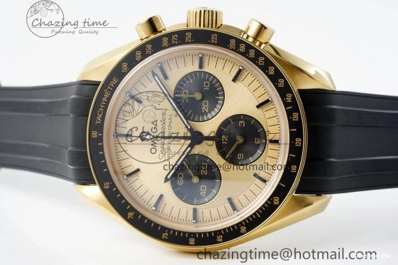 0421 TimelessDesign Speedmaster Moonwatch in Moonshine Gold YG RMF Best Edition YG Dial on Black Rubber Strap Manual Chrono 7834